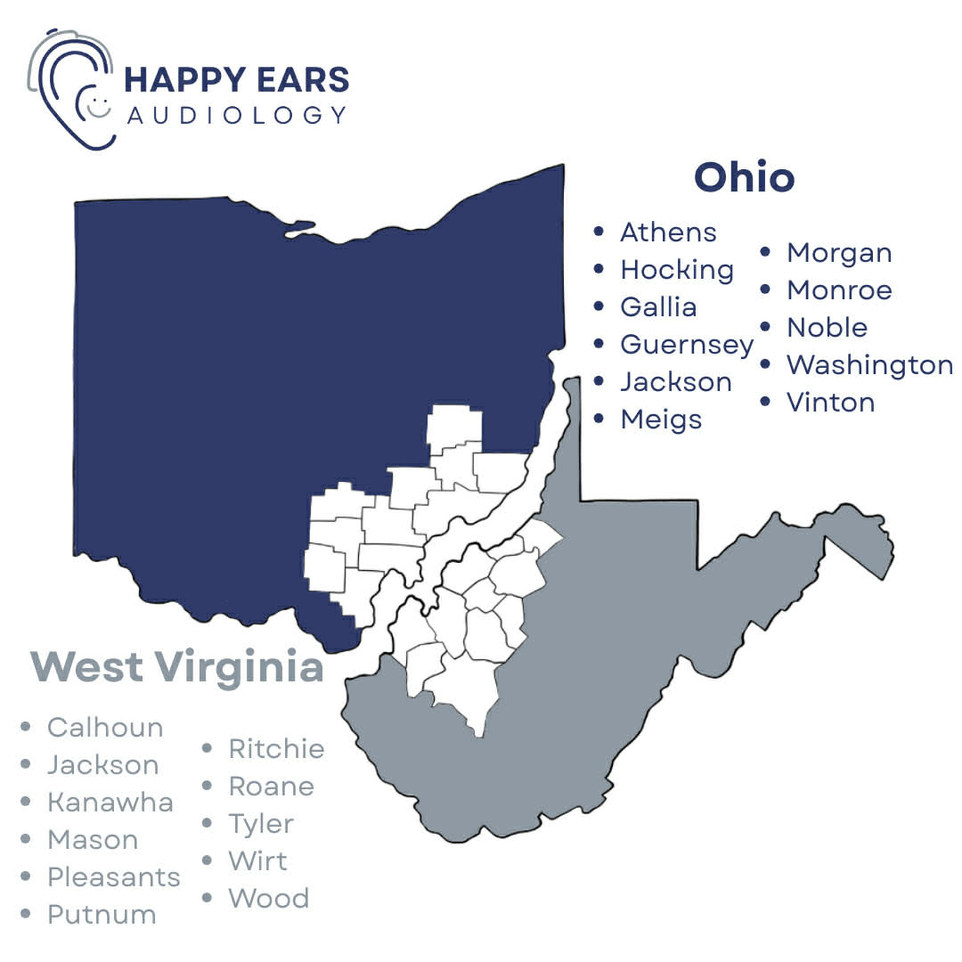Map showing Happy Ears Audiology service area across southeastern Ohio and western West Virginia counties